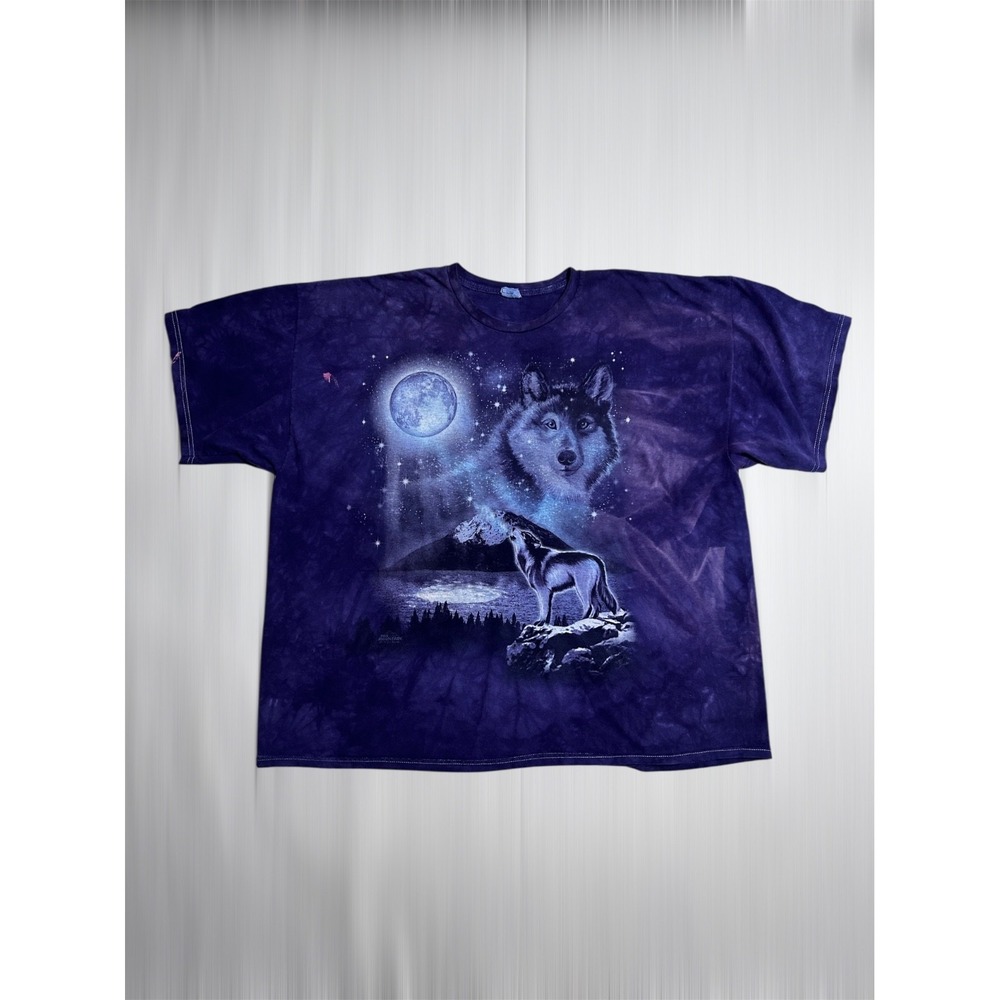 Vintage Gildan 3XL Wolf Moon Tie Dye T-Shirt Purple Wildlife Graphic The Mountai
